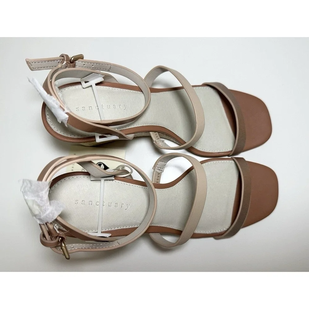Sanctuary *NEW* Women's 8 Wink Nude Metallic Raffia Wedge Heel Leather Sandals